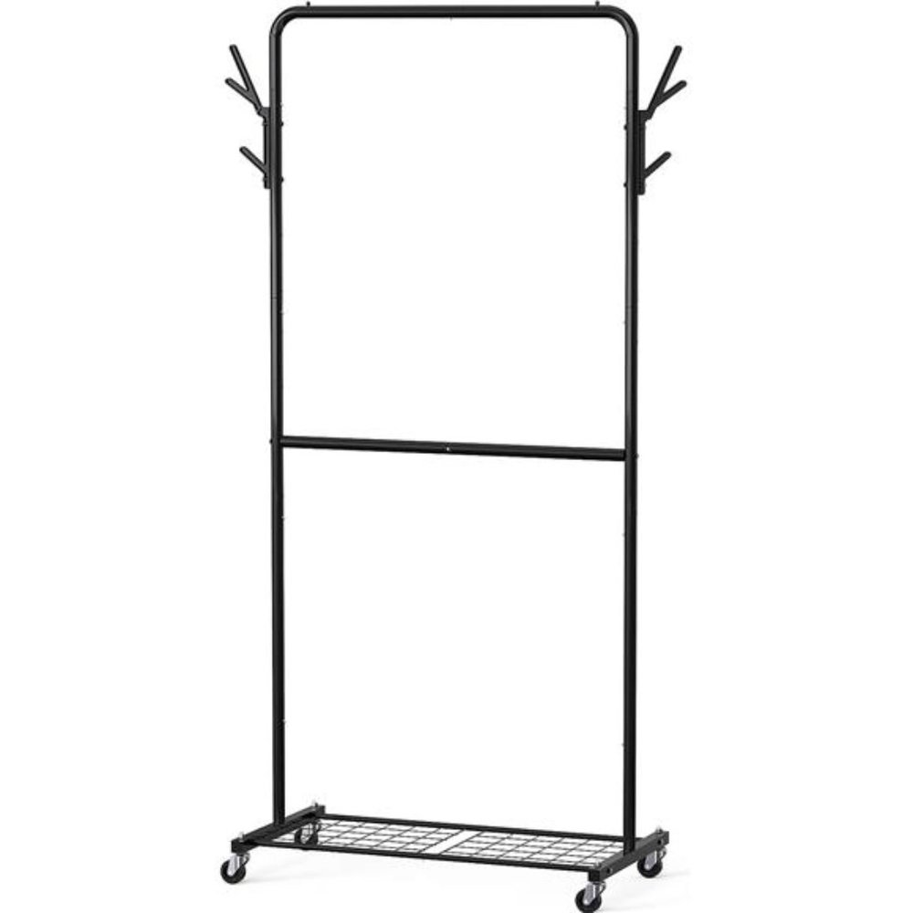 Simple Houseware Double Rod Garment Rack With Wheels and Hooks, Black